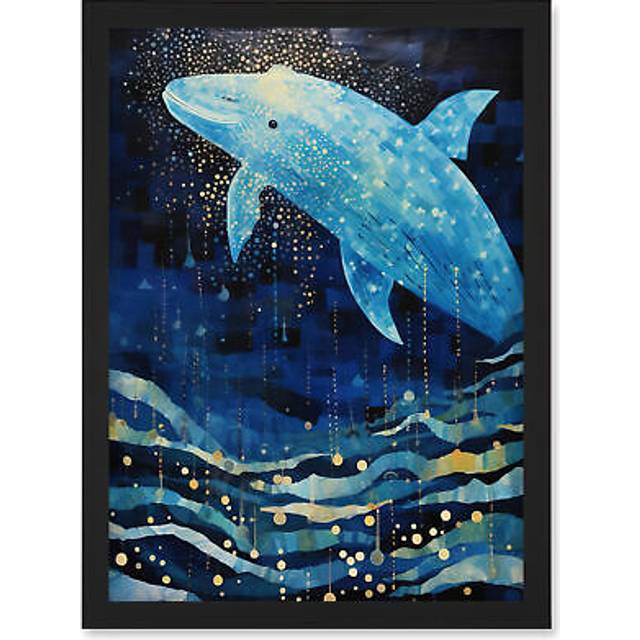 Wall Art Print Blue Whale Breach in Winter Waters Moonlit Seascape Waves Artwork Framed A4 - Black - A4