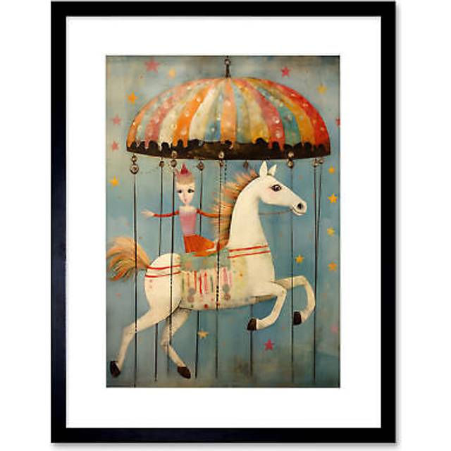 Wall Art Print Folk Art Whimsical Carousel Fairground Kids Girls Bedroom Artwork Soft Pastel Horse Artwork Framed 9X7 Inch - Black - W7 inch x H9 inch