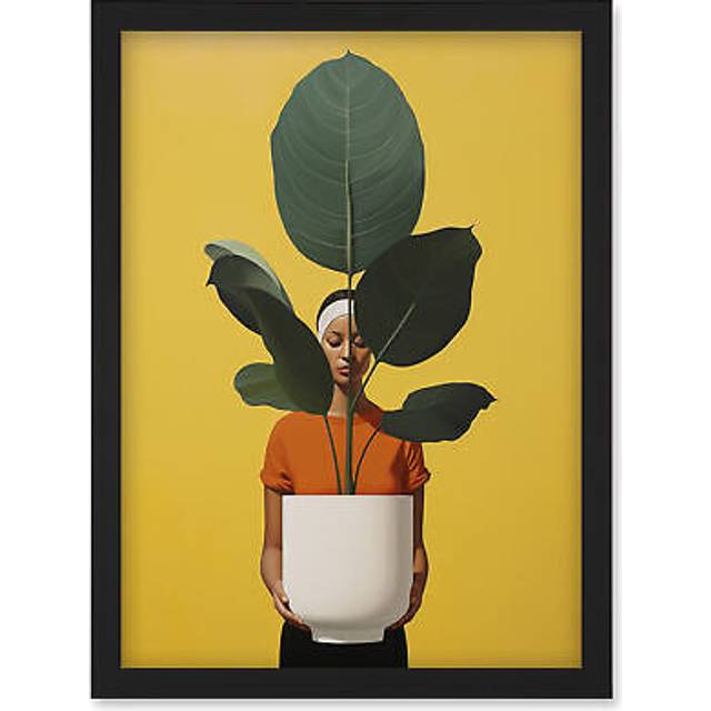 Wall Art Print Rubber Tree Showcase Realistic Oil Painting Yellow Orange Green Woman with Plant Pot Minimalist Artwork Framed A4 - Black - A4