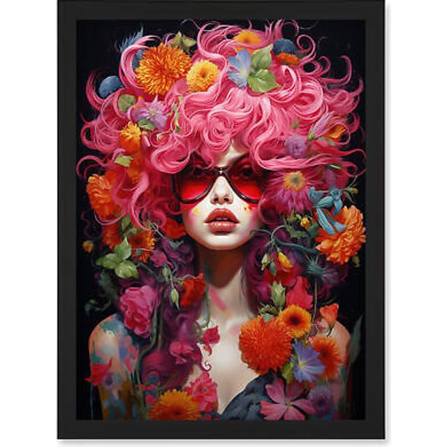 Wall Art Print Flowerpunk Woman with Pink Hair and Flowers Vibrant Artwork Orange Pink Blue on Black High Detail Portrait Artwork Framed A4 - A4