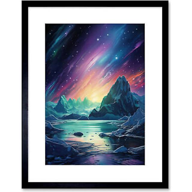Wall Art Print Purple Aurora Borealis Dawn in Antarctica Oil Painting Blue Green Enchanting Arctic Ice Fantasy Landscape Artwork Framed 9X7 Inch - Bla - Black - W7 inch x H9 inch