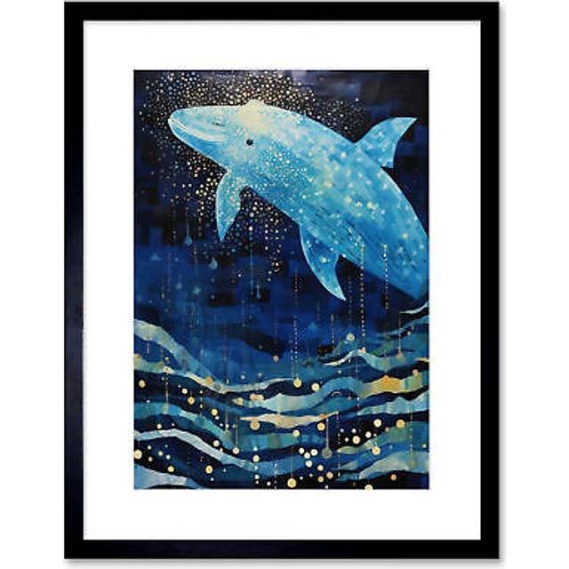 Wall Art Print Blue Whale Breach in Winter Waters Moonlit Seascape Waves Artwork Framed 9X7 Inch - Black - W7 inch x H9 inch