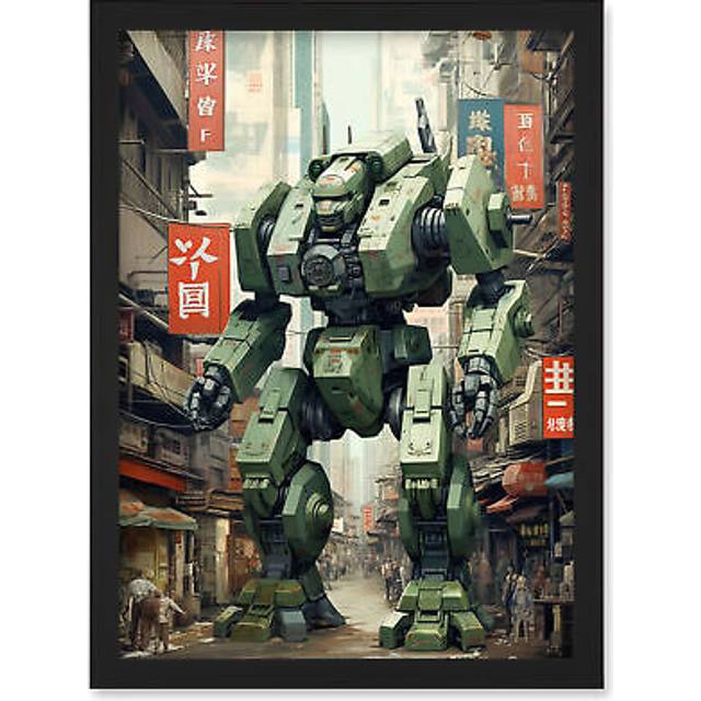 Wall Art Print Mecha Robot in City Street Anime Sci-Fi Artwork Red Green Giant Humanoid Machine Fantasy Science Fiction Artwork Framed A4 - Black - A4
