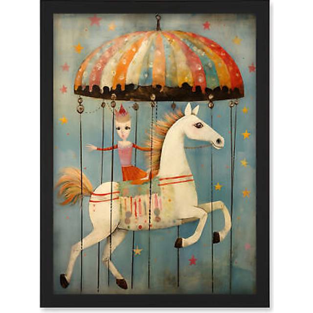 Wall Art Print Folk Art Whimsical Carousel Fairground Kids Girls Bedroom Artwork Soft Pastel Horse Artwork Framed A4 - Black - A4