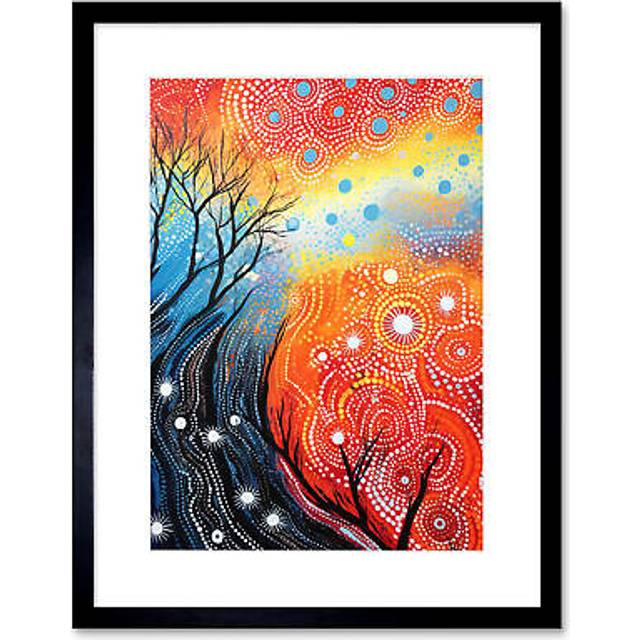 Wall Art Print Contemporary Aboriginal Artwork in Blue and Orange Vibrant Abstract Forest Trees and Stars Artwork Framed 9X7 Inch - Black - W7 inch x - W7 inch x H9 inch