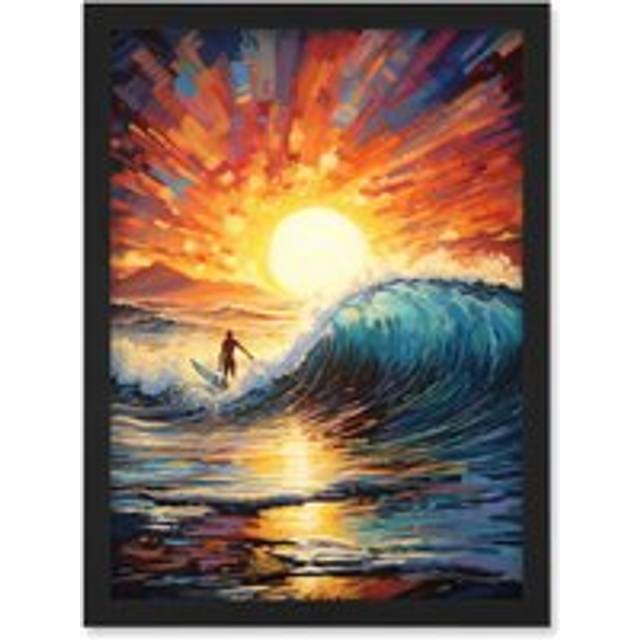 Wall Art Print Sunset Surf Waves Surfing Artwork Vibrant Blue Purple Orange Setting Sun Behind Surfer in Wavy Seascape Artwork Framed A4 - Black - A4
