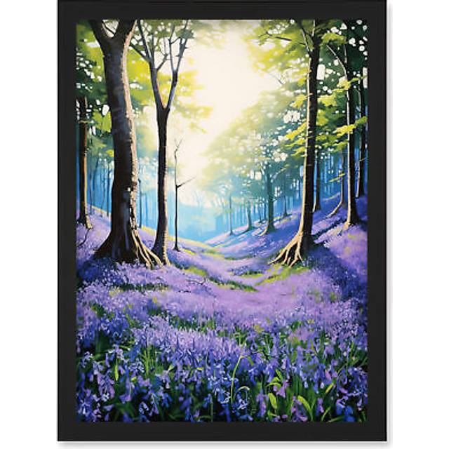 Wall Art Print Bluebell Forest Sunshine Vibrant Artwork Purple Blue Flowers Early Morning Serene Landscape Artwork Framed A4 - Black - A4