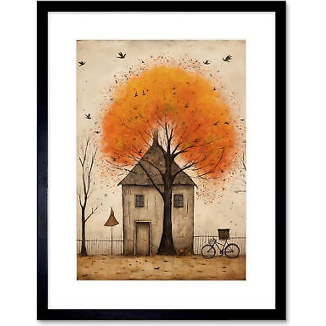 Wall Art Print Country House Autumn Tree Oil Painting Orange Brown Bicycle on Fence Rural Life Artwork Framed 9X7 Inch - Black - W7 inch x H9 inch