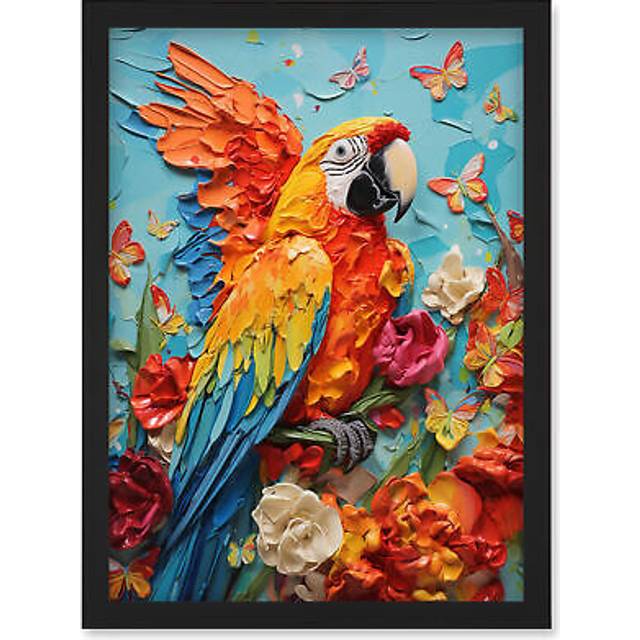 Wall Art Print Vibrant Macaw Parrot Heavy Oil Paint with Butterflies and Flowers High Texture Artwork Framed A4 - Black - A4