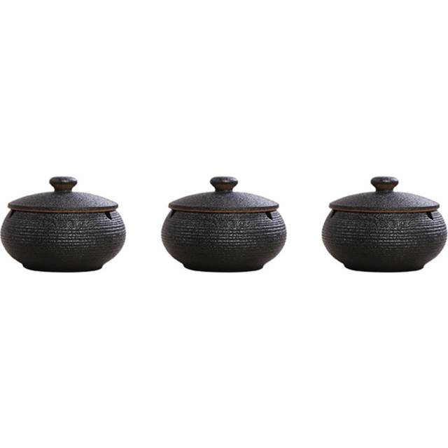 3X Ceramic Ashtray with Windproof Lid for Indoor Outdoor Use -Black