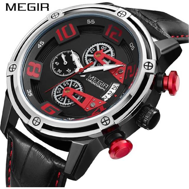 2021MEGIR Creative Big Dial Chronograph Calander Sport Watch Men Leather Quartz Male Clock Wristwatch Reloj Hombre Montre Homme