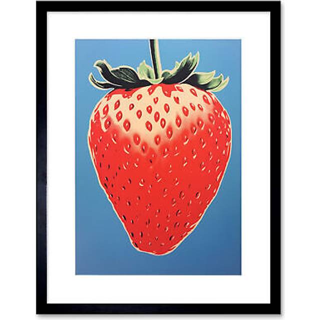 Wall Art Print A Single Strawberry Block Colour Artwork Red on Blue Bold Bright Minimalist Kitchen Decor Artwork Framed 9X7 Inch - Black - W7 inch x H - W7 inch x H9 inch