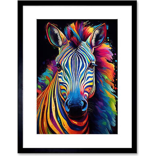 Wall Art Print Rainbow Striped Zebra Colourful Vibrant Bold Psychedelic Neon Impact Artwork Framed 9X7 Inch - Black - W7 inch x H9 inch