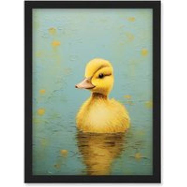 Wall Art Print Duckling on the Water Oil Painting Yellow and Duck Egg Blue Baby Artwork Framed A4 - Black - A4