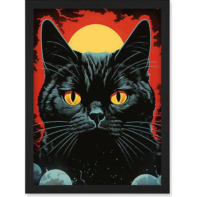 Wall Art Print In the Shadow of the Celestial Black Cat Vintage Pulp Art Sci-Fi Cover Artwork Red Yellow Blue Solar Eclipse Artwork Framed A4 - A4