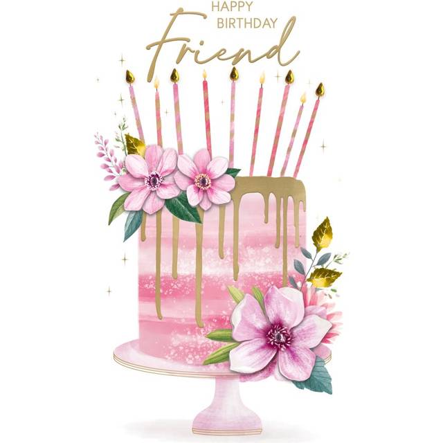 Happy Birthday Friend Embellished Floral Birthday Cake Champagne Greeting Card