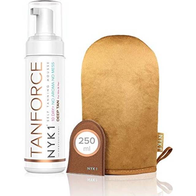 BEST Fake Tan with Mitt (250ml) TAN FORCE Skinny Natural Look Face and Body Self Bake Tan Invisible Tanning Foam TanForce Mousse Developing Sands
