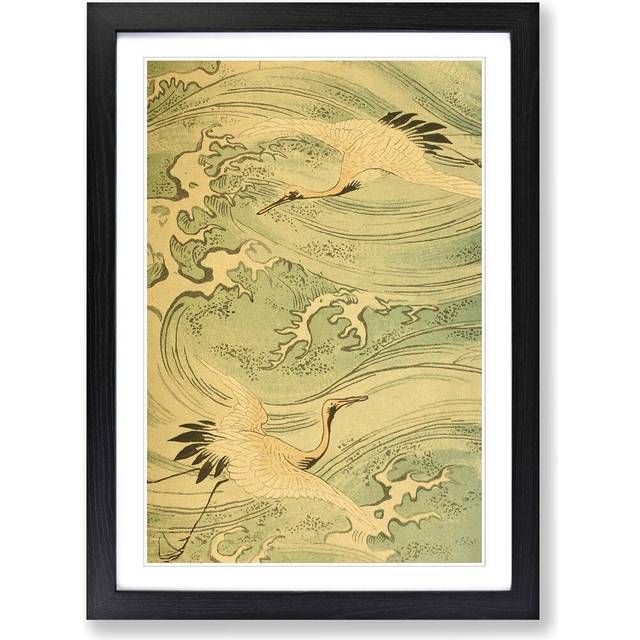 Storks Japanese Oriental Art Framed Painting Print - Black (62cm H X 45cm W)