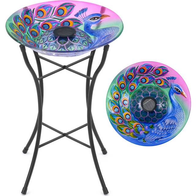 Christow - Glass Solar Bird Bath With Stand - Peacock