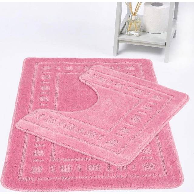 (Pink) Diem Bath Mat 2 Piece Set Non-Slip Pedestal and Bath Mat Toilet Bathroom Rug