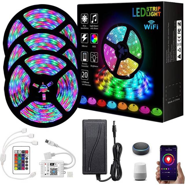 Smart RGB LED Strip Light App Control 15m 49ft 2835 SMD 810 LEDs IR 24 Key Controller Work with Alexa Google 12V 3A Adapter Kit