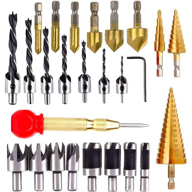 25pcs Chamfer Countersink Drill Bit Set Step Drill Bits 5 Flute 90 Degree Countersink Drill Wood Plug Cutter and Certer Punch