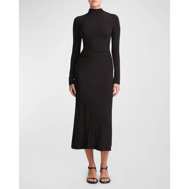 Long-Sleeve Ruched TurtleNeck Midi Dress - BLACK - XX-Small