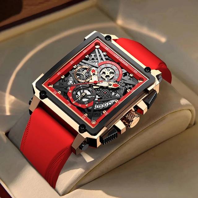 (Gold Blue) Hollow Square Mens Watches Chronograph LIGE Brand Luxury Automatic Date Men Watch Waterproof Male Wristwatches