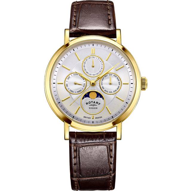 Rotary Moonphase Men's Silver Dial Brown Leather Strap Watch