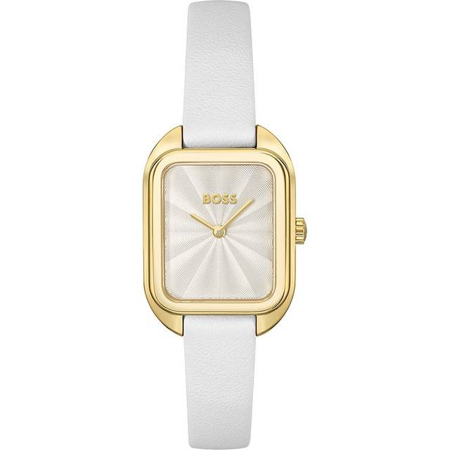 Gold-tone rectangular watch with white leather strap - White