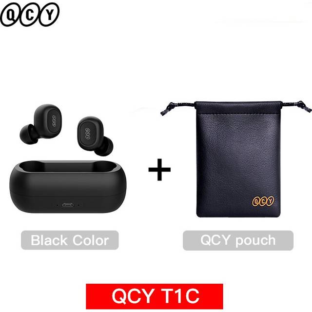 (a-T1C-Black with pouch) QCY T1C Bluetooth 5.0 Earphones Wireless 3D Stereo TWS Headphones with Dual Microphones Headset HD Call Earbuds Customizing A