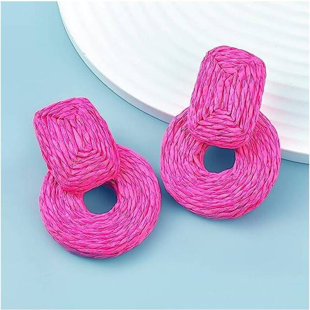 Statement Raffia Earrings Women Round Skeleton Boho Handmade Rattan Straw Wrap Geometric Dangle Earrings - Red