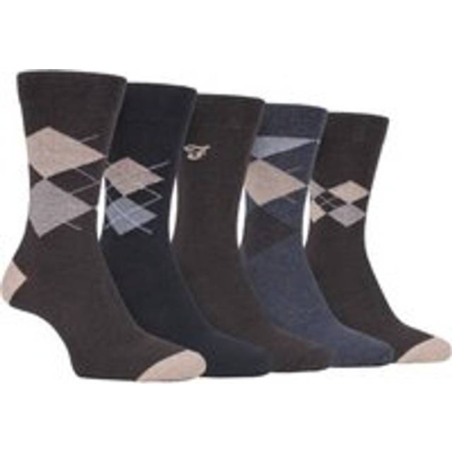 (6-11 UK, Brown Grey (Argyle)) FARAH - 5 Pack Mens Classic Patterned Office Cotton Dress Socks