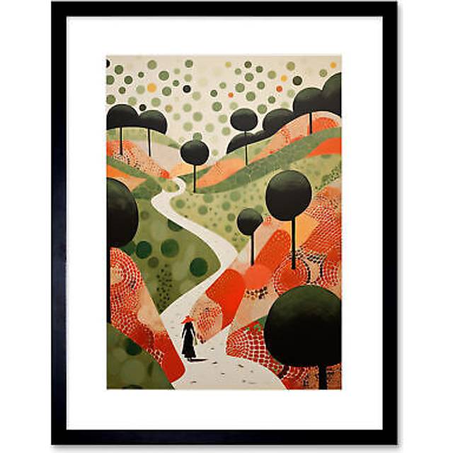 Wall Art Print Walk on the Countryside Hill Path Folk Art Oil Painting Red Orange Green Abstract Landscape Artwork Framed 9X7 Inch - Black - W7 inch x - W7 inch x H9 inch