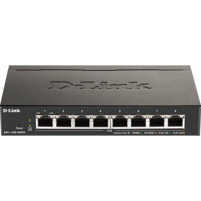 D-Link DGS-1100-08PV2/E 8-Portars Gigabit PoE Smart Managed Switch med 8 PoE Portar, 64W PoE budget, 802.3af/at, VLAN support, lager 2-funktioner, QoS, 802.3az EEE, Fläktlös - Endast EU-nätsladd