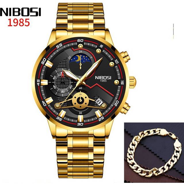 NIBOSI Men Watches Sport Chronograph Waterproof Quartz Male Wristwatch Golden Stainless Steel Watch Men