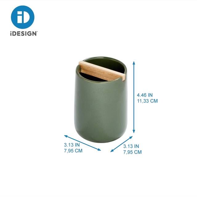 iDesign Ceramic Earth Collection Toothbrush Holder with Paulownia Wood Divider  Moss/Natural Wood