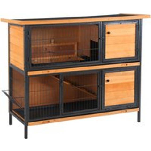 Pawhut 2-floor Wooden Rabbit Hutch Bunny Cage Metal Frame Pet House With Slide-out Tray Feeding Trough Ramp Lockable Door Openable Roof