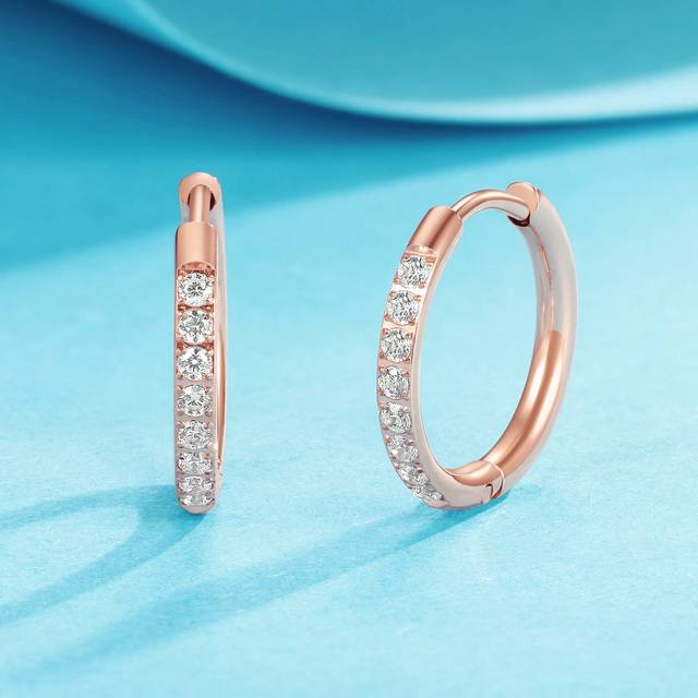 VOLUKA 18K Rose Gold Plated Huggic CZ Hoop Earring 316L Stainless Steel Created Diamond Stud Ear Piercing Cartilage Helix Hypoallergenic Jewelry For Men Wome