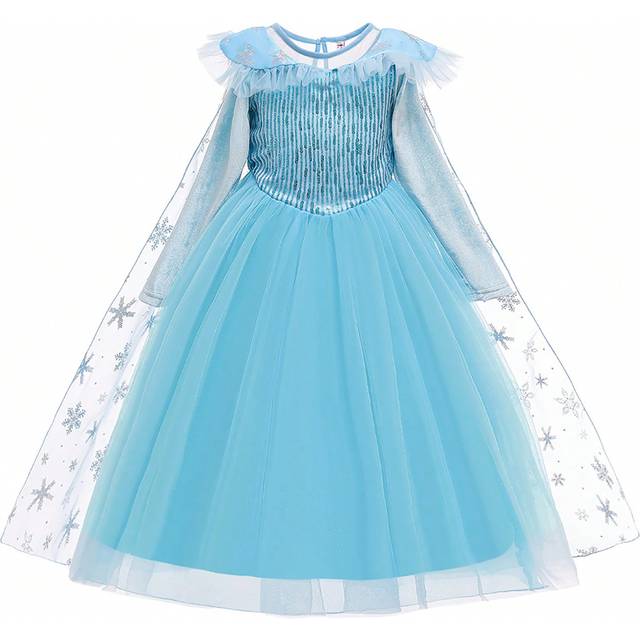 SHEIN Girls Princess Dress Sparkle Snowflake Pattern, Long Sleeve, Tulle Ruffle, Includes Cloak, Suitable For Performance, Birthday Party, Fashion Show, Exc