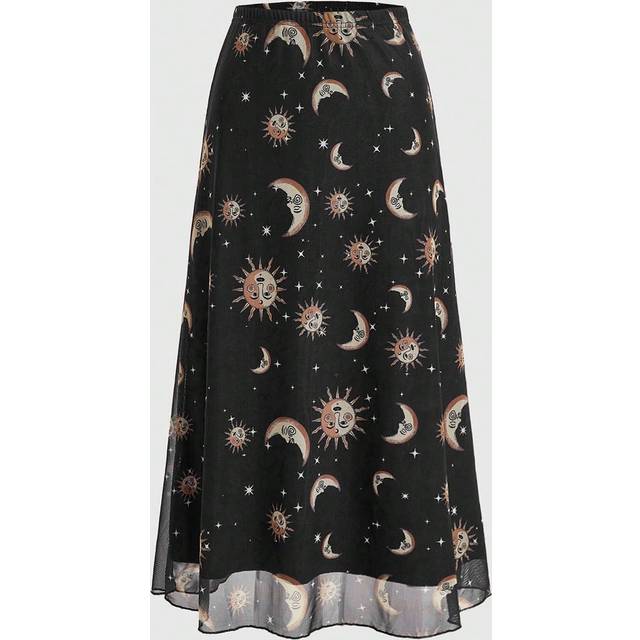 ROMWE Women&#39;s Sun, Moon, Stars And Constellations Skirt With Sheer Mesh Fabric