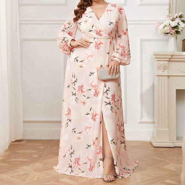 SHEIN Plus Size Women&#39;s Floral Print Split Bridesmaid Dress