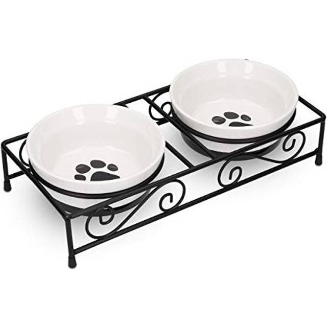 Navaris Ceramic Pet Bowl Set - Double Food Water Bowls for Cats, Small Dogs and Puppies with Non-Slip Retro Metal Stand - Set of 2 Bowls, 320ml E