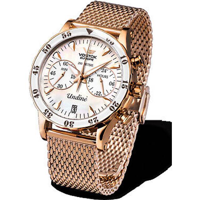 Vostok Europe Undine damklocka med 2 reservarmband Ladies Chronograph Datum 20 ATM Rose / Weiß / Weiß / Edelstahlband