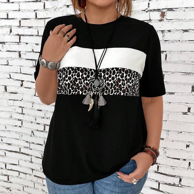 Plus Size Dam Leopard Print Splice Kortärmad T-shirt, Cheetah Print Tee, Summer Top - Multifärgad (0XL,1XL,2XL,3XL,4XL)