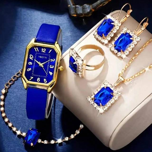 SHEIN 6pcs/Set Women Watch Retro Rectangle Pointer Quartz Watch Analog Pu Leather Wristwatch & Jewelry Set Necklace Bracelet Rings Earrings, A Gift For Mom
