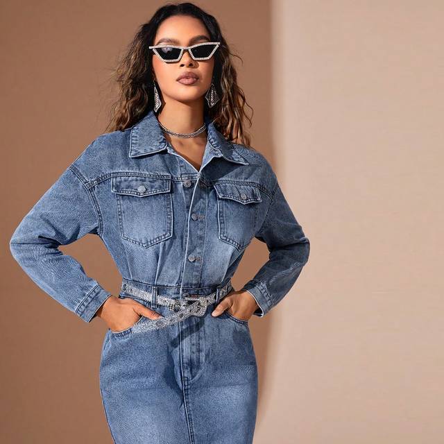Klaff Ficka Detalj Skjortklänningar i Denim Utan Midja Bälten , Vatten tvättade - Blå (L,M,S,XS)
