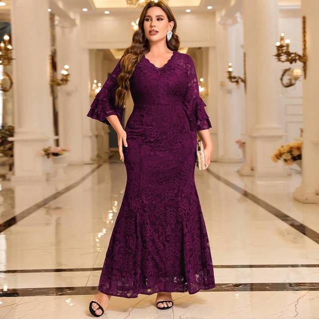 SHEIN Plus V-Neck Ruffle Sleeve Floral Lace Mermaid Hem Evening Party Long Dress Elegant Formal Prom Wedding Guest Gown, For Graduation, Dinner
