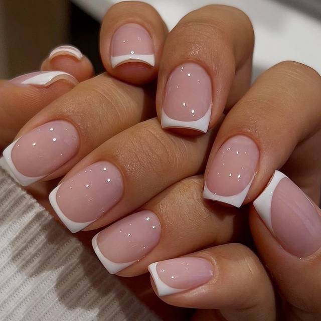 SHEIN 24pcs Short Square With White French Tip Press On Nails Simple Design For Daily Use False Nails Supplies