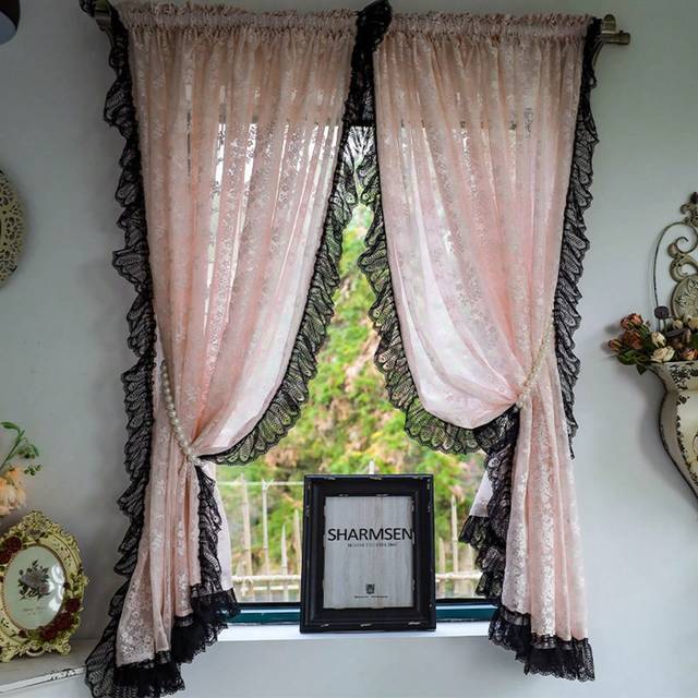 Vintage Kvinna Svart Spets Rosa Genomskinlig Gardiner Blommigt Jacquard Romantisk Kafé Dörr Gardin Kök Hem Dekorationer - Babyrosa (100*120,132*160,200*230,140*240)